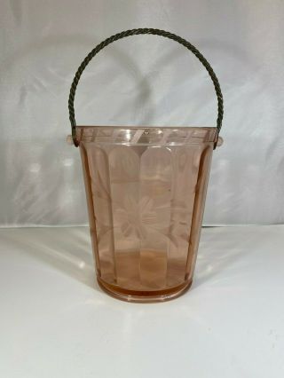Vintage Pink Depression Glass Ice Bucket Metal Spiral Handle Etched Flower