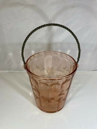 Vintage Pink Depression Glass Ice Bucket Metal Spiral Handle Etched Flower 2