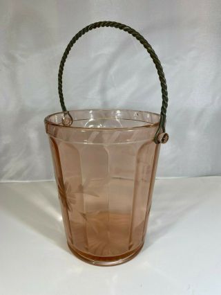 Vintage Pink Depression Glass Ice Bucket Metal Spiral Handle Etched Flower 3