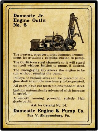 1914 Domestic Engine & Pump Co.  Metal Sign: Shippensburg,  Pennsylvania No 6