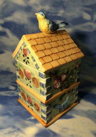 12 " Hand Painted Glazed Ceramic Blue Bird On House Shaped Cookie Jar Guc