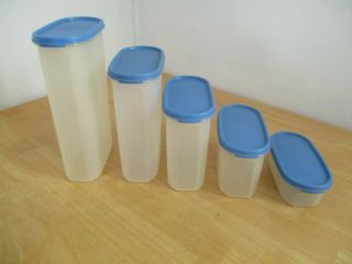 Set Of 5 Tupperware Oval Modular Mates Storage Containers Canisters Blue Lids 1