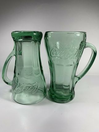Set Of 2 Coca - Cola Thick Glass Soda Mugs Glasses Green Libbey Heavy Handle Nwot