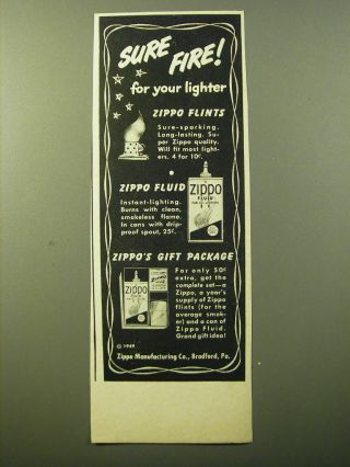 1949 Zippo Flints,  Fluid And Gift Package Ad - Sure Fire For Your Lighter