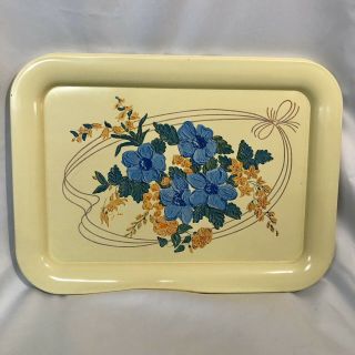 Set Of 4 Vintage Metal Blue & Yellow Flower With Ribbon Lap Tv Trays