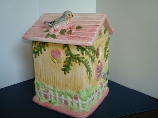 Vtg Hand Painted Bird House Cookie Jar Pink Yellow Hearts Home Sweet Home Birds