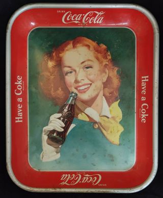 1948 Coca - Cola Tin Lithograph Advertising Tray Red Haired Girl Coke Tray V21