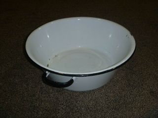 Vintage White And Black 16 " Enameled Wash Bowl / Basin With Handles.  Enamelware