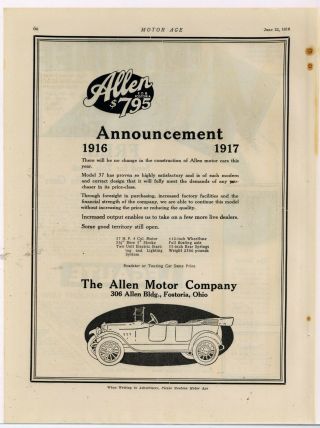 1916 Allen Motor Co.  Ad: Model 37 Automobile,  Car W/ Specs - Fostoria,  Ohio