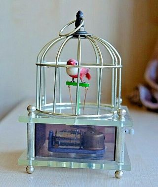 A Vintage Hong Kong Japanese Sanyo Mechanical Automaton Bird In Cage Music Box
