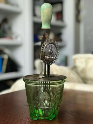 Vintage 1930’s - Hazel Atlas Green Depression Glass With A&j Hand Beater