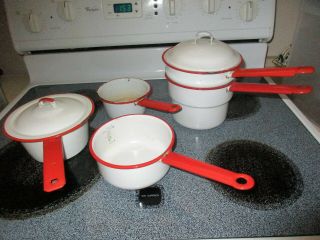 7 Piece Enamel Ware Cook Ware Red And White Pans And Lids