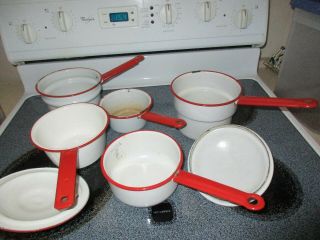 7 Piece Enamel Ware Cook ware Red and White Pans and Lids 2