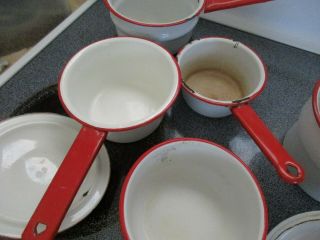 7 Piece Enamel Ware Cook ware Red and White Pans and Lids 3