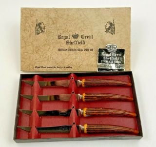 Vintage Regal Crest Sheffield (4) Steak Knife Set Stainless Dura Stag Handles