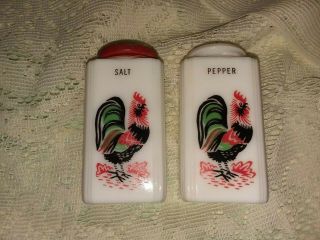 Vintage White Milk Glass Rooster Salt & Pepper Shakers S & P Art Deco