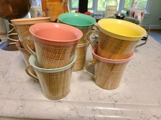 Six (6) Vintage Plastic Raffia Ware Coffee Cups Mugs Burlap Mid Century