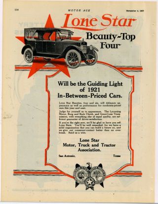 1920 Lone Star Motor Truck & Tractor Assn Ad: Beauty Top Four Auto - San Antonio