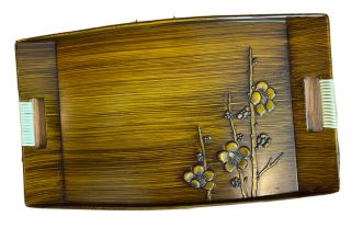 Vintage Mid Century Modern Serving Tray Wood Look With Flowers And Handles