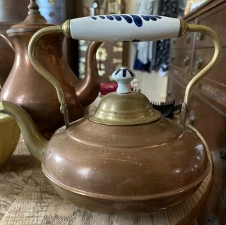 Vintage Copper & Brass Tea Pot With Porcelain Handles Made In Holland