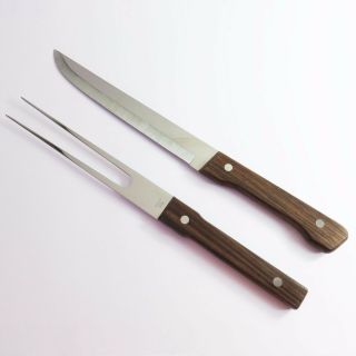 Vintage Stainless Steel Wooden Handle Meat Carving Serving Knife Fork Set,  Japan
