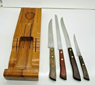 Vintage Ekco Flint Stainless Vanadium 4 Knife Wood Wall Block Set With Knives