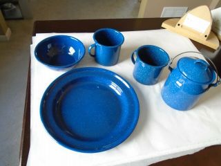 Blue Metal Dish Set - Plate,  Bowl,  2 Cups & Coffee Pot With Lid - Great For Camping