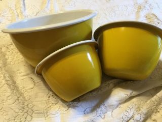 Vintage Enamelware Nesting Bowls,  Yellow With White Inside Set Of Three