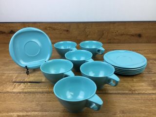 Vintage Retro Boontonware Teal Cups And Saucers Set Of Six