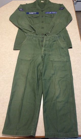 Vintage Us Air Force Green Fatigue Uniform Long Sleeve Shirt,  Pants And Hat