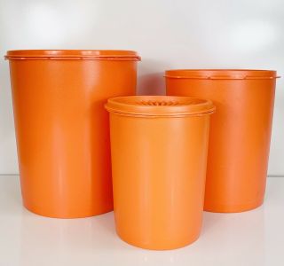 Vintage Tupperware Orange Servalier Canisters - Set Of 3 2