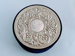 Vintage Blue Velvet Etched Silver Round Trinket Jewellery Box Pot