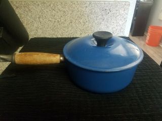 Vintage Le Creuset Blue Enamel Cast Iron 18 Wood Handle Sauce Pan France Lid