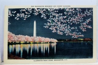 Washington Dc Monument Cherry Blossoms Illuminated Night Postcard Old Vintage Pc