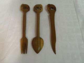 Vintage Hand Carved Wood Elephant Figure Fork Spoon Knife Wall Hang Kitchen 12 "