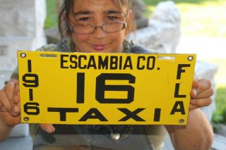 Florida Escambia County Taxi Cab License Plate 1916 Gas Oil Porcelain Metal Sign
