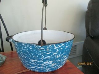 Vtg Blue And White Swirl Enamelware Graniteware Bucket Pail