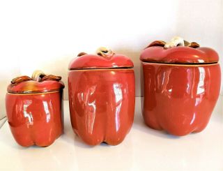Set 3 Vintage Red Apple Ceramic Canister Set