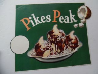 C.  1960 Pikes Peak Jr Ice Cream Sundae Drive - In Paper Sign Atomic Age Vintage Nos