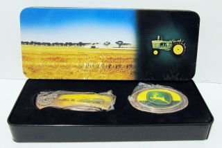 John Deere Tin With Collectible Folding Pocket Knife And Belt Buckle