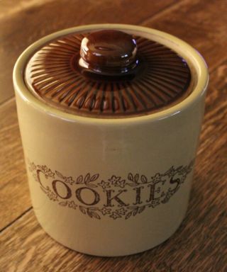 Vintage Monmouth 111 Cookie Jar With Lid Crock Type Tan W/brown Lid " Cookies "