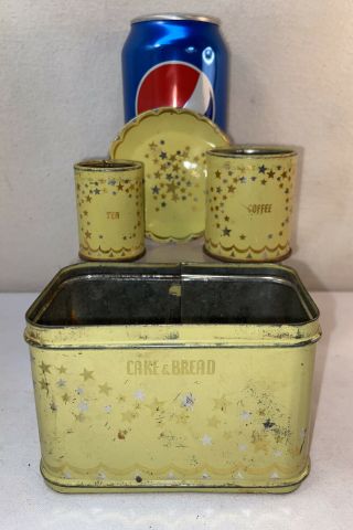Vtg 30 - 40’s Tin Child’s Doll Toy Yellow Cake Bread Box Coffee Flour Canister Set