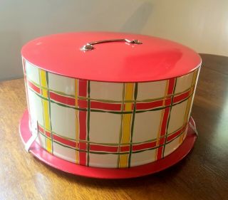 Antique Vintage Metal Cake Carrier Red White Yellow Plaid