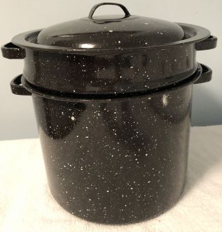 Vtg Black Speckle Enamel Graniteware 9” Stock Pot Strainer/steamer/pasta Insert