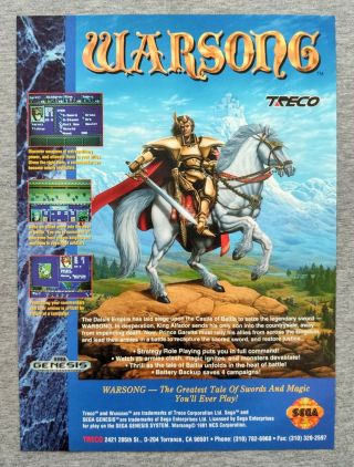 Warsong Sega Genesis | 1992 Vintage Game Print Ad Poster Art Official Promo Rare