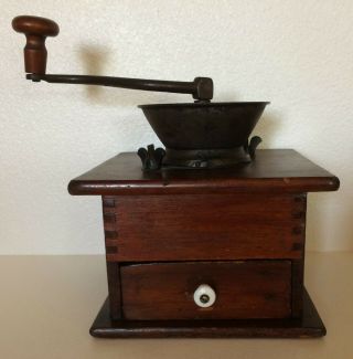 Antique Cast Iron & Wood Hand Crank Coffee Grinder