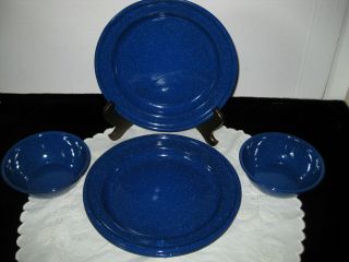 8pc Blue N White Speckled Metal Enamelware Camping 6 Plates 2 Bowls