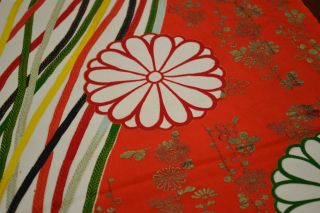 Japanese Vintage Silk Piece Vibrant Red,  Green Floral Chrysanthemum Design 1141