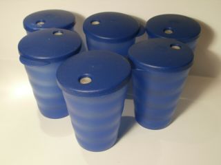 6 Vintage Tupperware Impressions Cobalt Blue 11 Oz.  Cups W/dripless Straw Lids