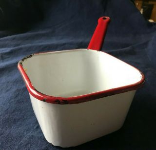 Vintage Enamelware Square Pot With Handle White W/red Trim 11.  75 " L X 6 1/8 " Sq